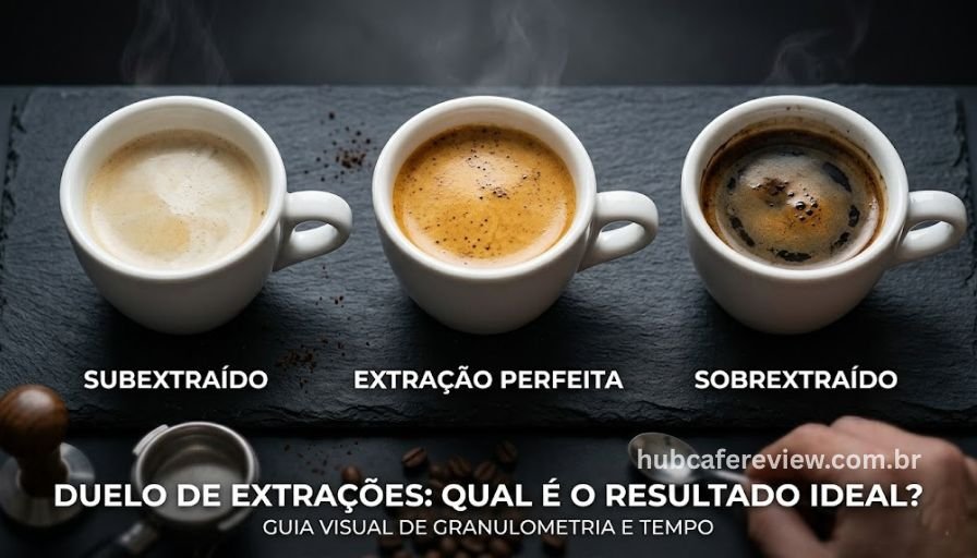 Comparativo de três xícaras de espresso mostrando 
subextração (crema clara e fina), extração ideal (crema 
dourada densa) e sobreextração (crema escura e manchada), 
dispostas lado a lado para referência visual.