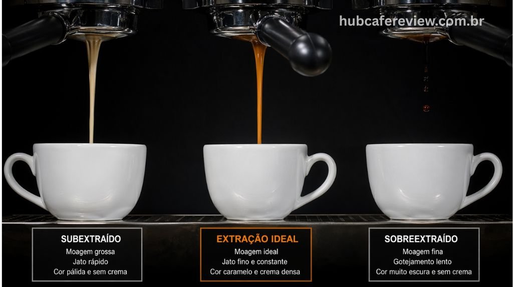 Três fluxos de extração de espresso comparados: fluxo 
rápido e claro por moagem grossa (subextração), fluxo 
uniforme caramelado ideal e fluxo lento e escuro por 
moagem fina (sobreextração).