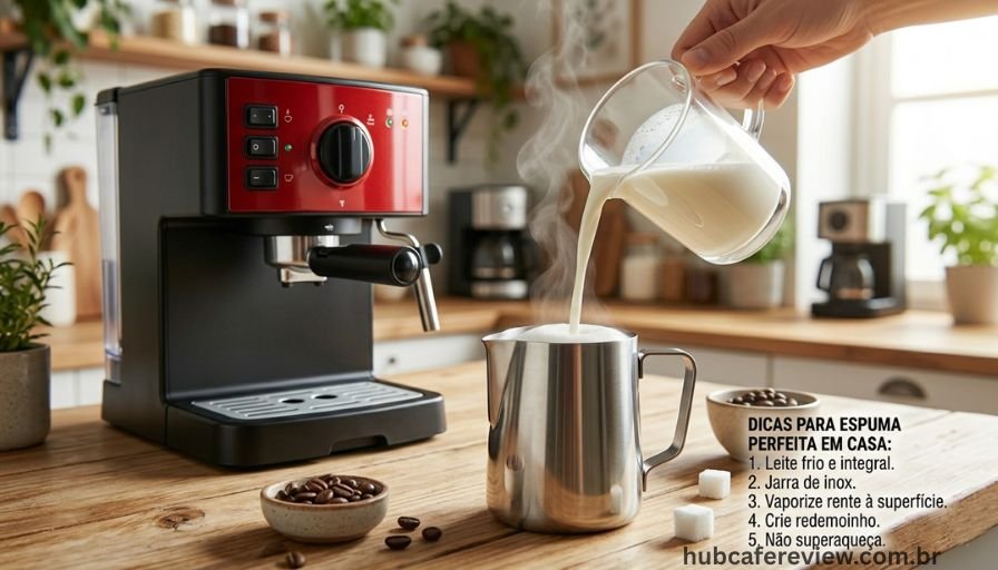 Jarra de leite gelado sendo despejada em 
xícara de espresso para preparo de latte 
com espuma cremosa em casa