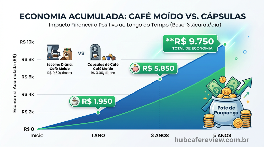 Infográfico financeiro mostrando a economia acumulada ao 
longo de 1, 3 e 5 anos ao optar pelo café em pó em vez 
de cápsulas, com gráfico de linha ascendente e valores 
em reais destacados.