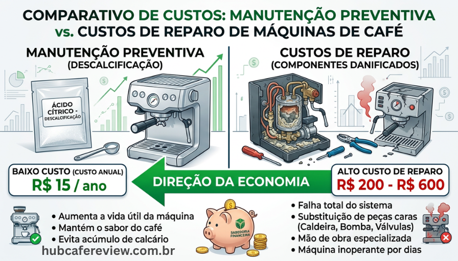 Infográfico comparando o custo anual da descalcificação 
preventiva com ácido cítrico (R$ 15/ano) versus o custo 
de reparos evitados (R$ 200 a R$ 600), com seta verde 
indicando a economia gerada pela manutenção regular.