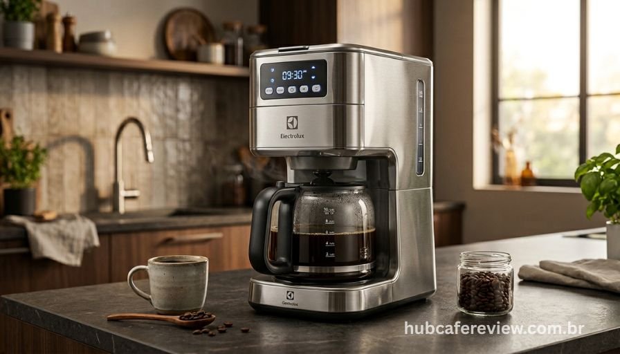 Cafeteira Electrolux ECM10 em aço inoxidável sobre bancada elegante