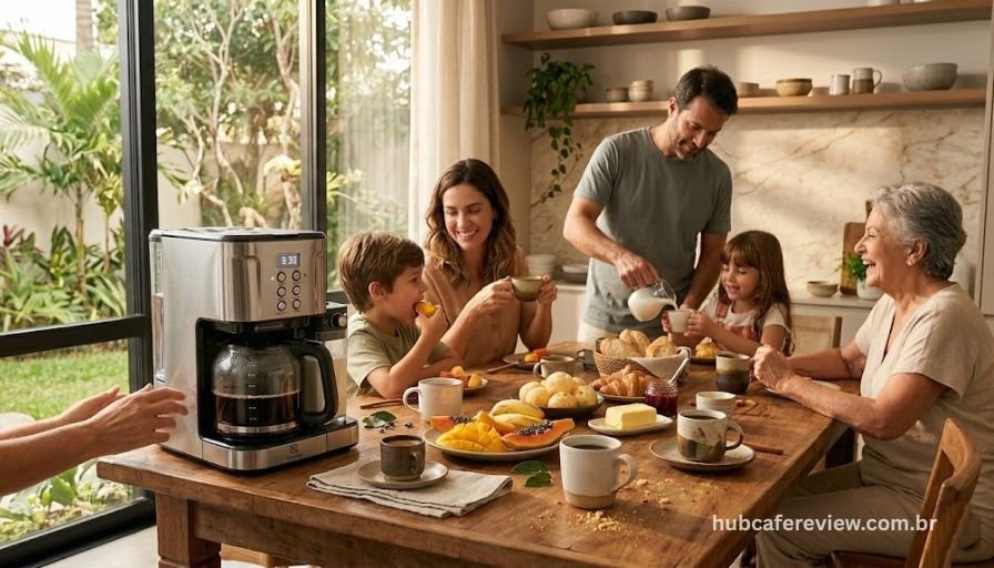 Cafeteira elétrica Electrolux ECM30 inox com jarra de vidro cheia de café em cozinha familiar iluminada pela manhã