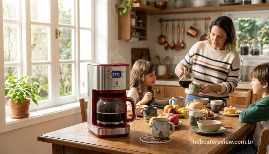 Cafeteira Electrolux ECM30 inox com jarra de vidro cheia e painel digital com timer programado — melhor cafeteira programável de 2026