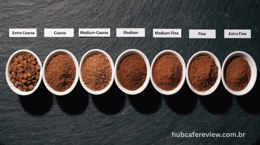 Sete bowls cerâmicos brancos em linha mostrando o espectro 
completo de granulometrias de café: de extra grossa à 
extra fina, sobre ardósia escura com iluminação overhead 
destacando a textura de cada moagem.