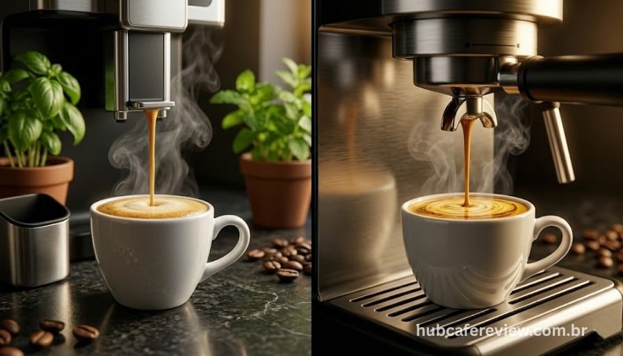 Dois espressos premium sendo extraídos simultaneamente mostrando diferença de crema entre superautomática e semiautomática