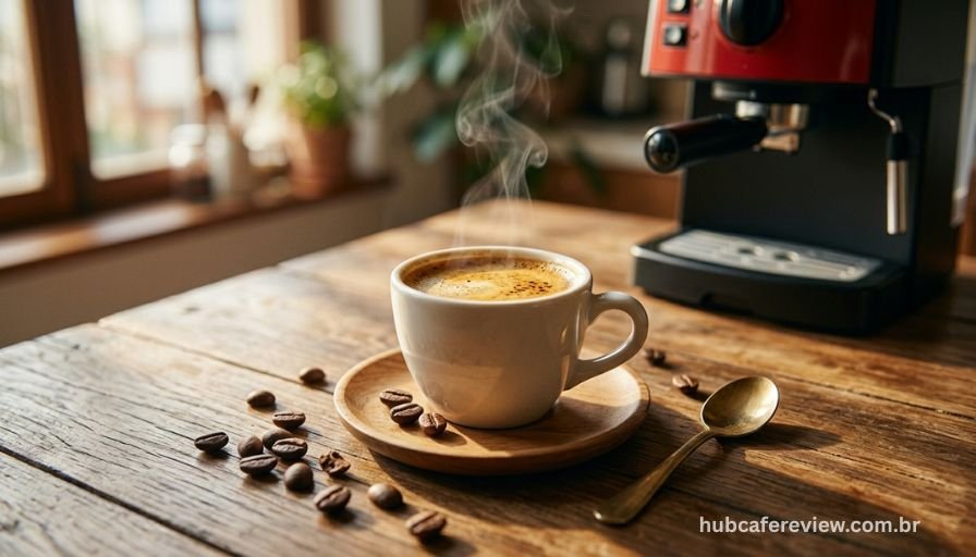 Xícara de espresso recém-extraído pela Mondial C-08 sobre 
pires de madeira, com fina camada de crema dourada e grãos 
de café ao redor, em atmosfera matinal aconchegante.