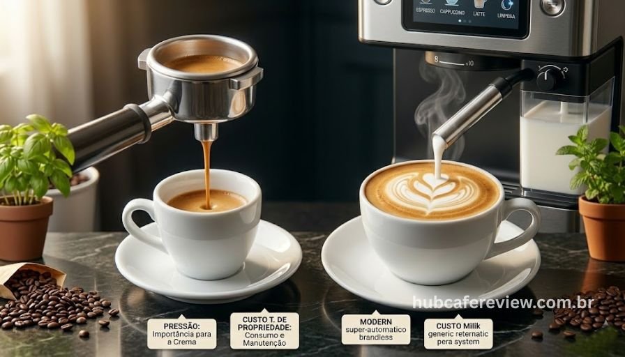 Espresso puro e cappuccino automático lado a lado representando o foco de cada cafeteira intermediária