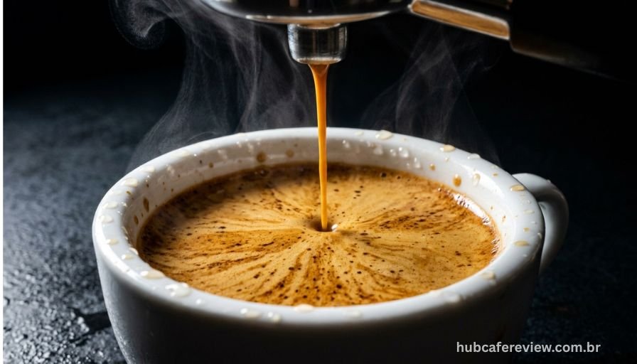 Macro fotografia da extração de espresso com formação de crema 
dourada e densa em xícara cerâmica branca, com fluxo uniforme 
de café sob pressão.