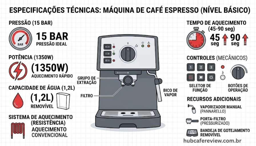 Infográfico com especificações técnicas da Mondial C-08, 
incluindo pressão de 15 bar, potência de 1350W, capacidade 
de 1,2 litros e sistema de aquecimento por resistência 
convencional.