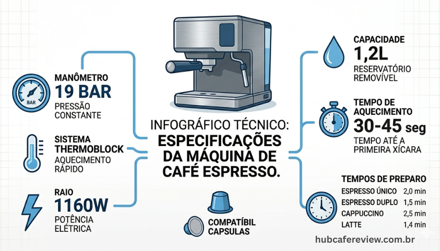 Infográfico com as especificações técnicas da Oster PrimaLatte 
Touch, incluindo pressão de 19 bar, potência de 1160W, capacidade 
de 1,2 litros e sistema de aquecimento termoblock.
