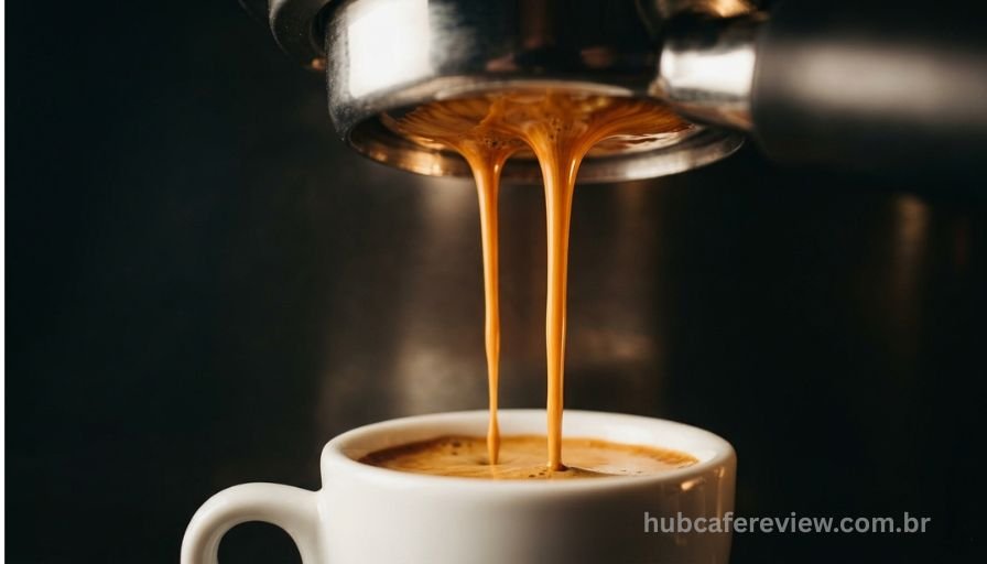 Macro fotografia do fluxo ideal de extração de espresso 
saindo do porta-filtro em corrente uniforme e contínua 
de cor caramelo, com crema se formando na xícara branca.