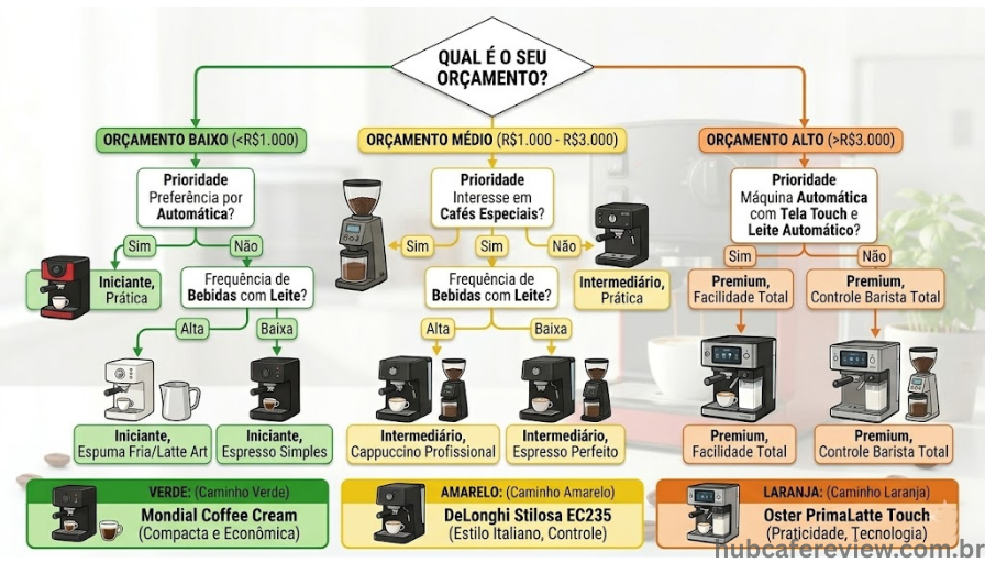 Fluxograma de decisão para escolha entre três cafeteiras 
espresso, com diagrama em árvore partindo do orçamento 
disponível e ramificando em prioridades de uso, 
levando a recomendações específicas por perfil 
de consumidor.