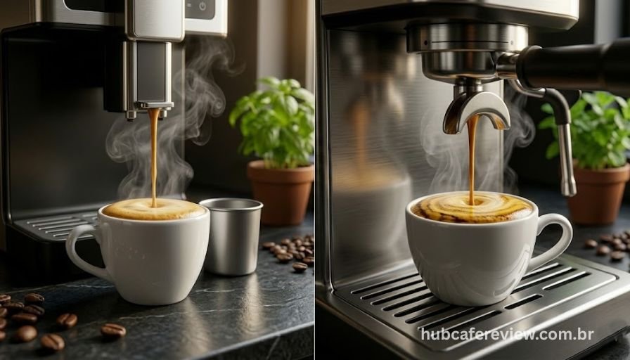 Espresso perfeito com crema tiger stripe sendo extraído pela Gaggia Classic Pro RI9380 através do porta-filtro de 58mm