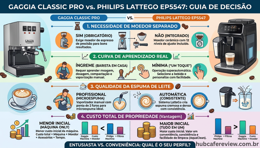 Barista doméstico analisando espresso extraído pela Gaggia Classic Pro ao lado da Philips LatteGo EP5547 representando as dúvidas mais frequentes sobre as duas cafeteiras premium