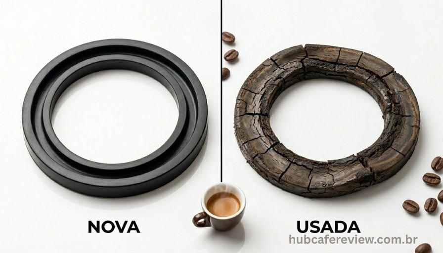 Comparativo macro entre gaxeta de vedação nova em excelente 
estado e gaxeta desgastada com rachaduras e deformação, 
ambas sobre superfície branca com iluminação técnica direcional.
