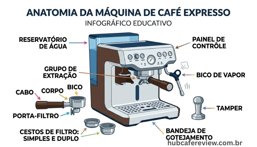 Diagrama educacional com os componentes de uma cafeteira 
espresso identificados por setas coloridas: porta-filtro, 
grupo de extração, reservatório, bandeja, vaporizador, 
painel de controle, tamper e filtros.
