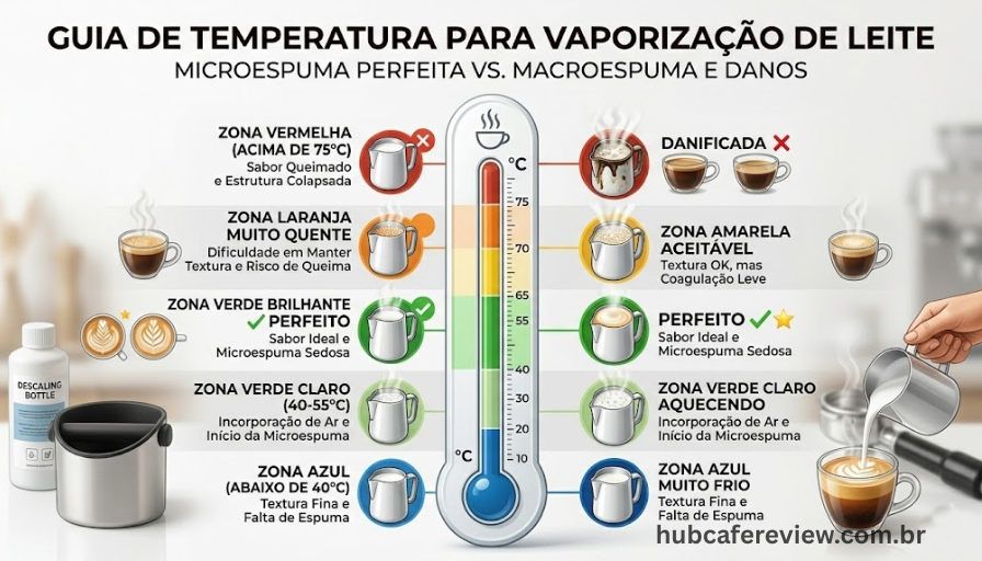 Infográfico de termômetro com zonas de temperatura 
codificadas por cores para vaporização do leite: 
zona azul (muito frio), verde claro (aquecendo), 
verde intenso (ideal 55-65°C), amarelo (aceitável), 
laranja e vermelho (quente demais).