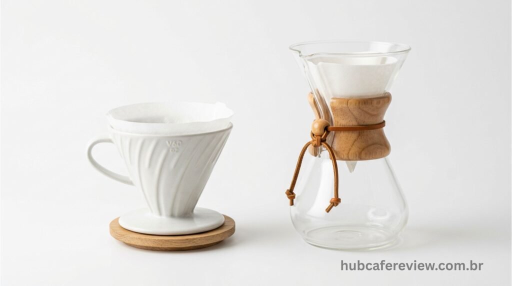 Comparativo visual entre o design cônico da Hario V60 e o design de ampulheta da Chemex em vidro