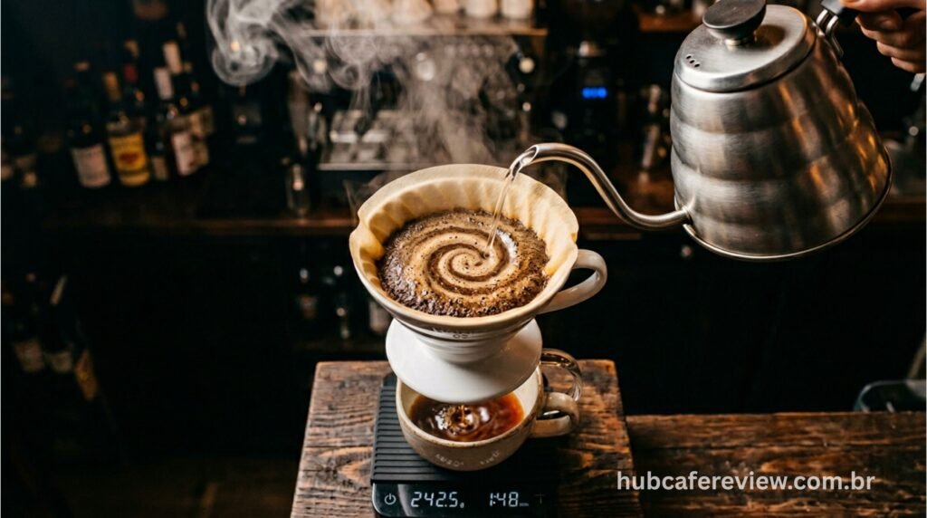 Despejo controlado de água quente em Hario V60 durante a preparação do café com controle de fluxo preciso