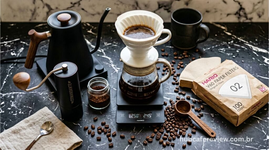 Kit completo para coado manual com V60, chaleira de bico fino, balança digital e moedor de café sobre superfície de mármore