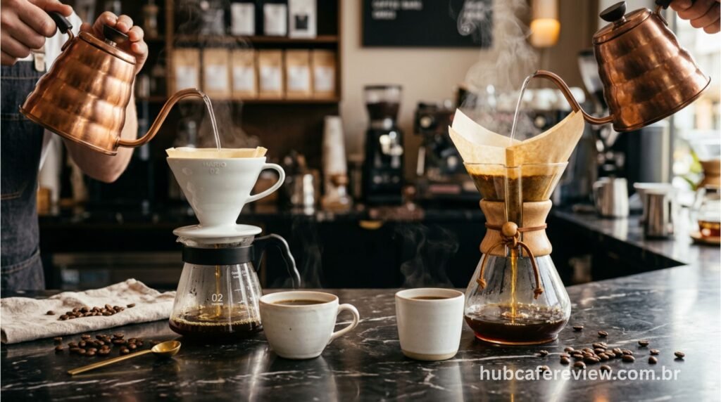Hario V60 e Chemex lado a lado em comparativo de métodos de coado manual para café