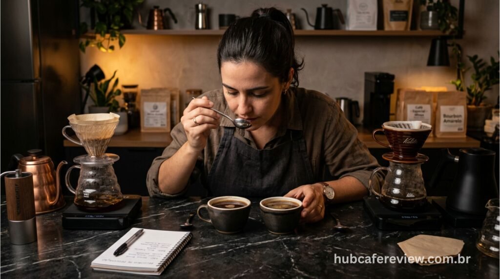 Barista doméstico comparando dois cafés coados lado a lado representando as dúvidas frequentes sobre V60 e Chemex