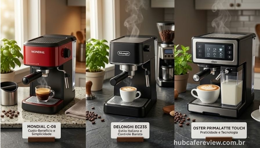 Três cafeteiras espresso posicionadas em ordem crescente 
de sofisticação: modelo de entrada compacto, modelo 
intermediário slim de design italiano e modelo premium 
com touch screen e sistema de leite, cada uma com 
xícara de espresso à frente.