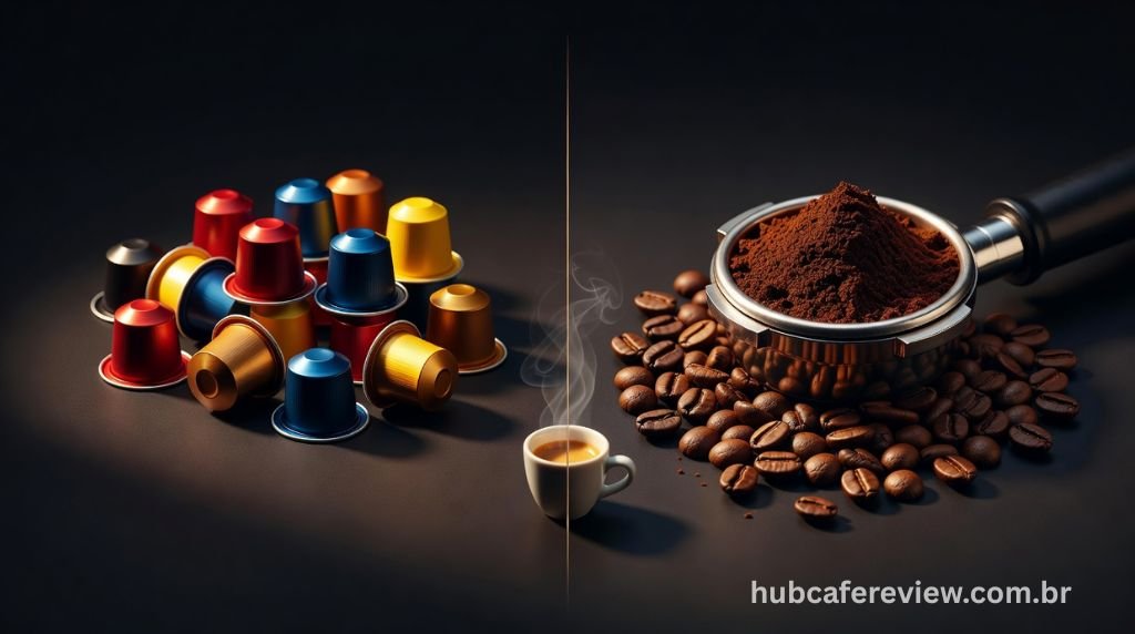 Composição dividida mostrando cápsulas de café coloridas à 
esquerda e café em pó no porta-filtro com grãos à direita, 
com xícara de espresso centralizada entre os dois formatos.