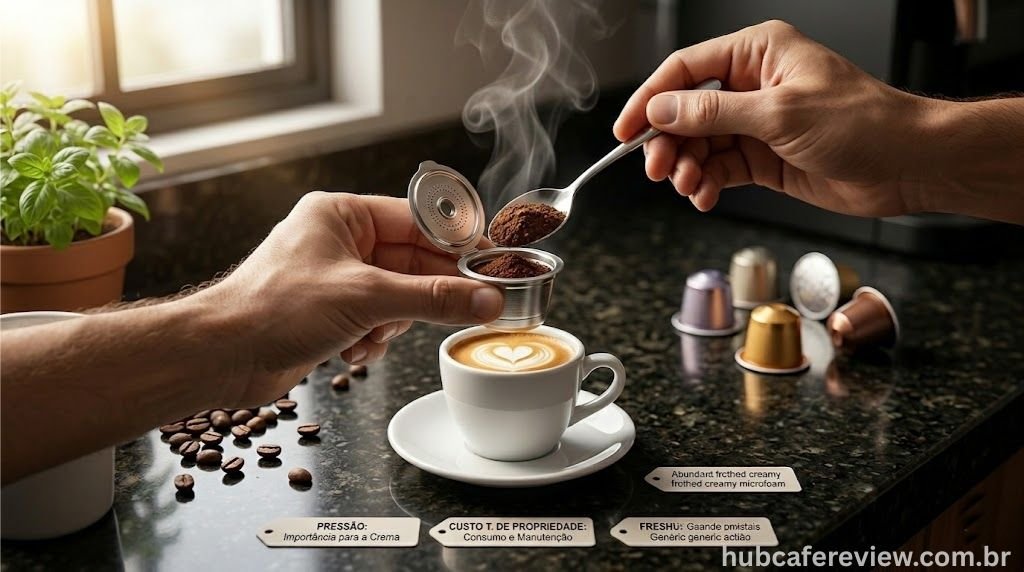 Cápsula reutilizável de aço inoxidável sendo preenchida 
com café moído fresco sobre mármore escuro, com cápsulas 
descartáveis originais desfocadas ao fundo e xícara 
de espresso como elemento de apoio.