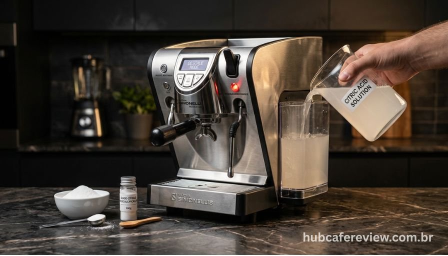 Solução descalcificante sendo vertida no reservatório de 
cafeteira espresso, com ácido cítrico em pó visível ao lado 
sobre bancada de mármore, em iluminação dramática de estúdio.