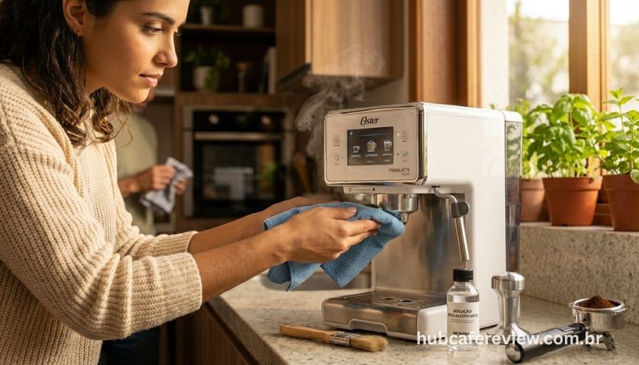 Cena de manutenção de cafeteira espresso com pano de microfibra, 
escova de limpeza e solução descalcificante sobre bancada 
organizada, com iluminação matinal suave.