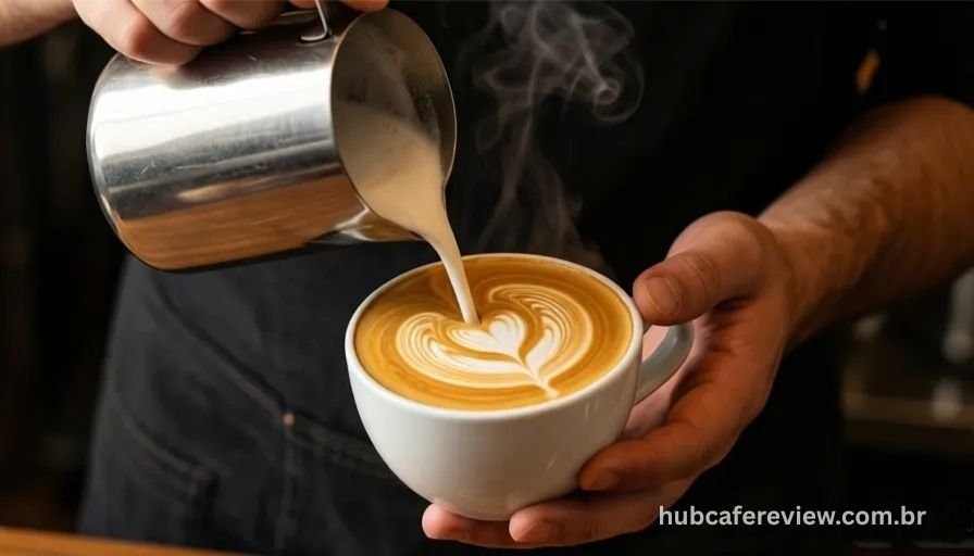 Mãos de barista vertendo microespuma sedosa de jarra 
de aço sobre espresso com crema dourada, formando 
padrão de latte art em xícara branca com iluminação 
lateral dramática e vapor ascendente.
