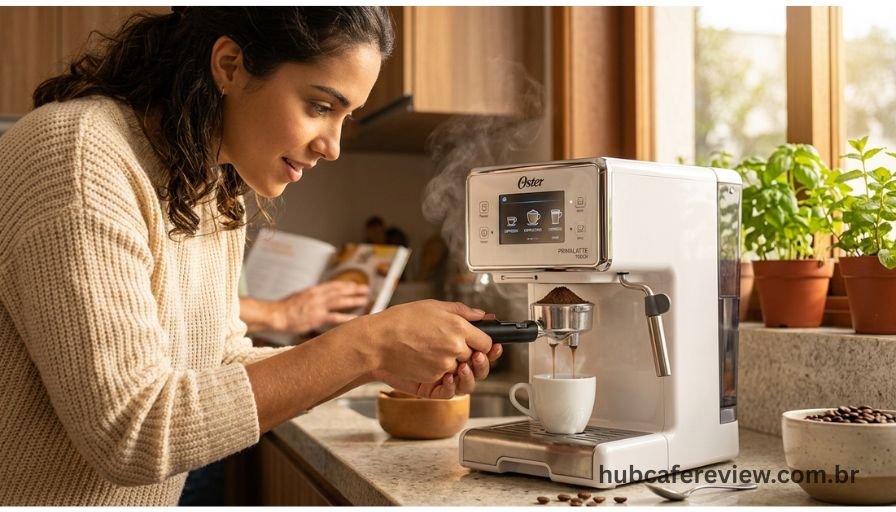 Mãos de iniciante encaixando o porta-filtro na cafeteira 
espresso pela primeira vez, com xícara branca aguardando 
na bandeja e iluminação matinal aconchegante ao fundo.