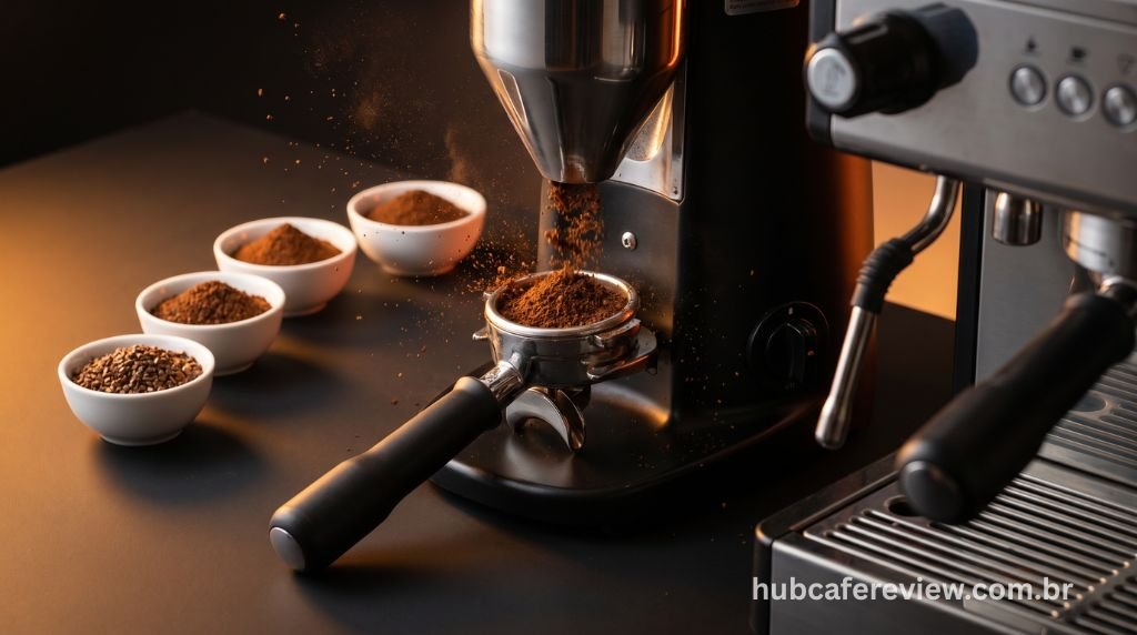 Moedor de café em ação com café recém-moído caindo no 
porta-filtro, partículas suspensas no ar captadas em 
alta velocidade, com amostras de diferentes granulometrias 
ao fundo em iluminação dramática de estúdio.