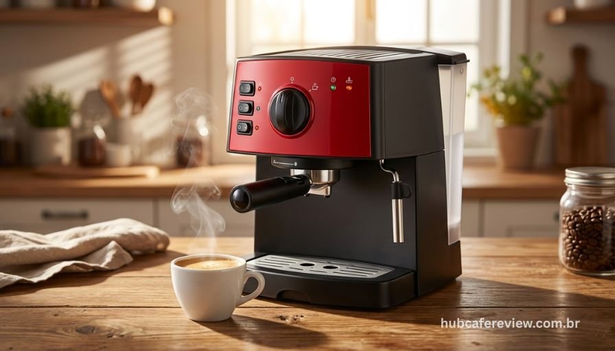 Cafeteira Mondial C-08 Coffee Cream com design compacto em 
vermelho e preto, painel de botões mecânicos e vaporizador 
manual, com xícara de espresso à frente em bancada de madeira.