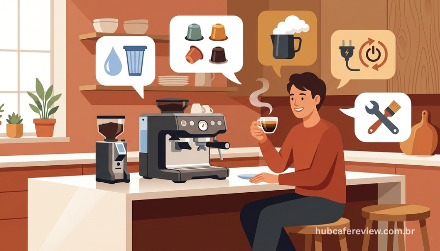 Ilustração editorial mostrando pessoa em cozinha com xícara de 
espresso e ícones de dúvidas frequentes sobre cafeteiras espresso 
ao redor, em estilo flat design com tons terrosos e aconchegantes.