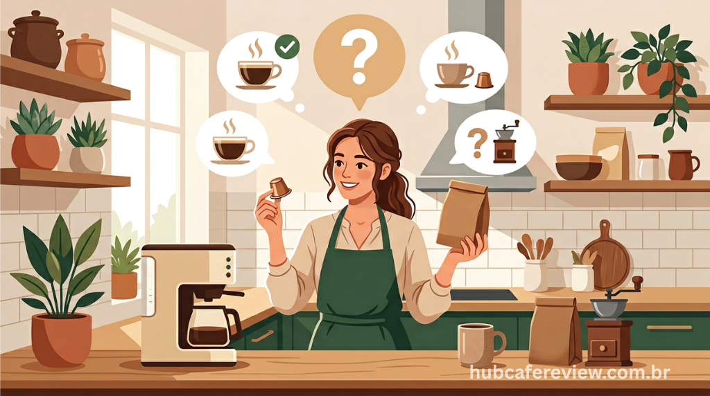 Ilustração editorial mostrando pessoa segurando uma cápsula 
de café em uma mão e uma embalagem de café em pó na outra, 
com balões de dúvidas ao redor em estilo flat design com 
tons terrosos e verdes.
