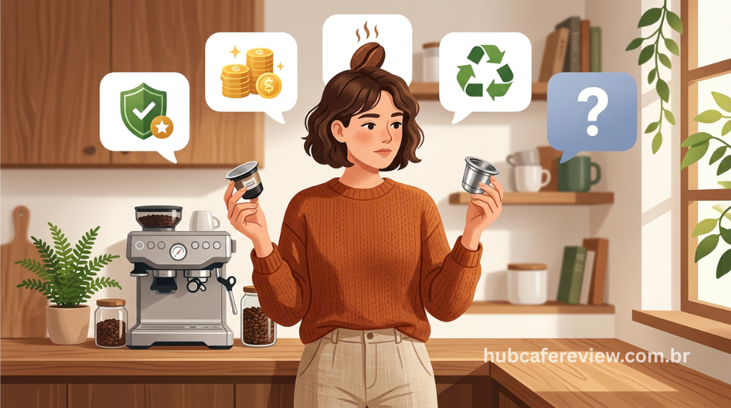 Ilustração editorial de pessoa comparando cápsula 
reutilizável de aço e cápsula descartável original, 
com balões mostrando ícones de garantia, economia, 
qualidade, sustentabilidade e dúvidas em estilo 
flat design equilibrado.