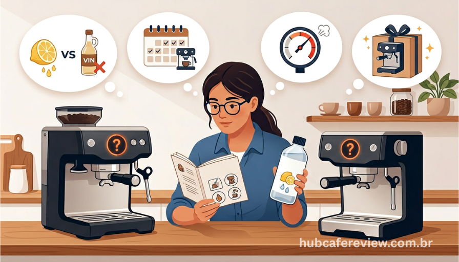 Ilustração editorial de pessoa lendo instruções de 
descalcificação com frasco de ácido cítrico na mão, 
cafeteira com indicador de manutenção e balões com 
ícones de dúvidas frequentes em estilo flat design.