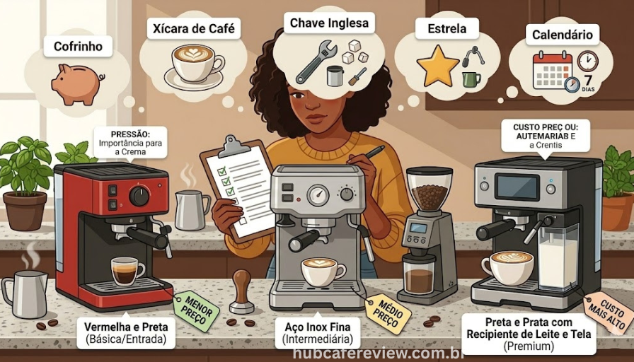 Ilustração editorial de pessoa comparando três 
cafeteiras espresso com checklist na mão, balões 
mostrando fatores de decisão: orçamento, qualidade, 
manutenção, recursos e frequência de uso, em 
estilo flat design acolhedor.