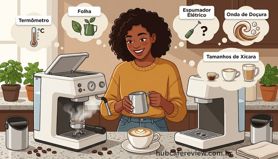 Ilustração editorial de pessoa satisfeita com cappuccino 
recém-preparado em casa, com balões mostrando ícones 
de dúvidas frequentes sobre espuma de leite: termômetro, 
leite vegetal, aerador, doçura e xícara.