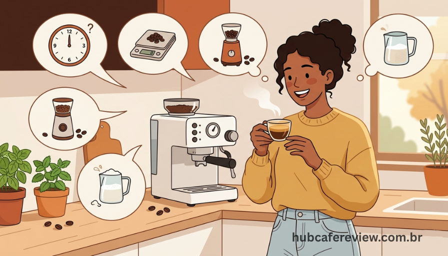 Ilustração editorial de iniciante sorridente diante de 
cafeteira espresso com xícara na mão e balões de dúvidas 
mostrando ícones de relógio, balança, moedor e jarra 
de leite em estilo flat design acolhedor.