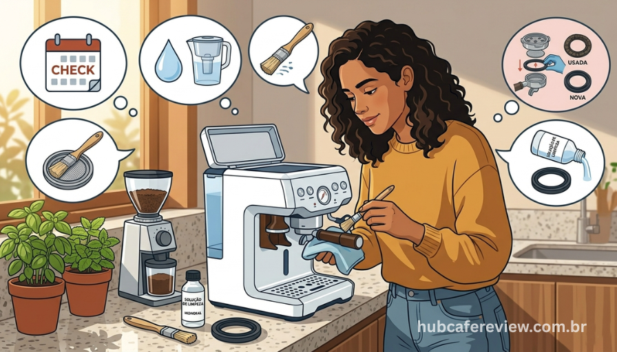 Ilustração editorial mostrando pessoa realizando manutenção 
em cafeteira espresso com ferramentas e produtos de limpeza 
ao redor, com balões mostrando ícones de calendário, água 
e escova em estilo flat design.