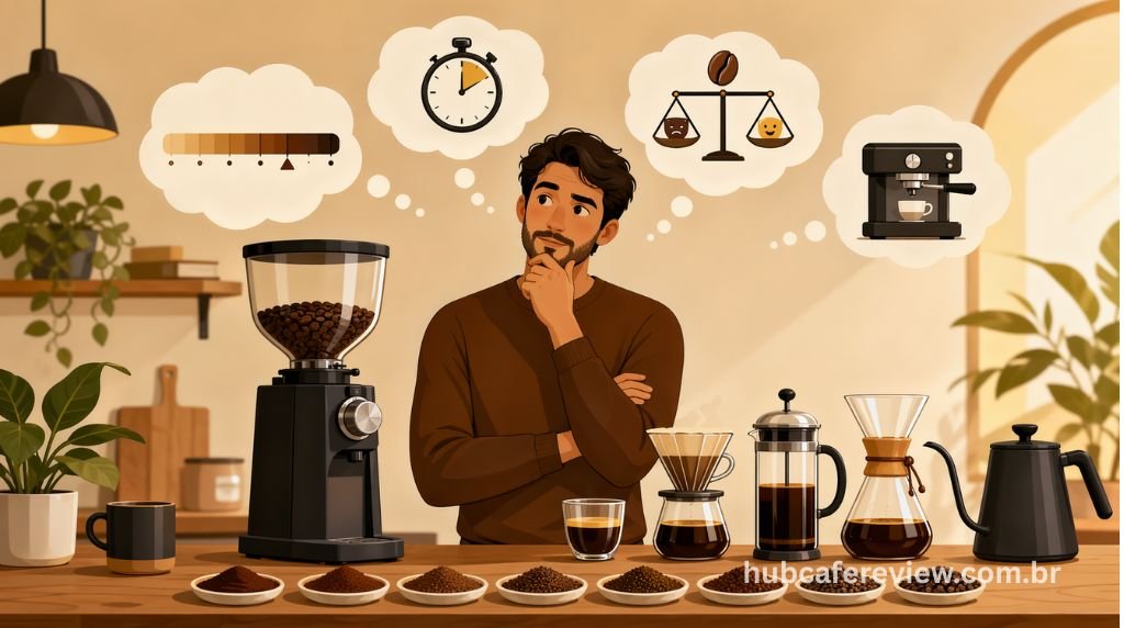 Ilustração editorial de pessoa examinando amostras de 
moagem de café com moedor ao lado, balões de dúvidas 
mostrando espectro de granulometria, cronômetro de 
extração e balança de sabor em estilo flat design acolhedor.