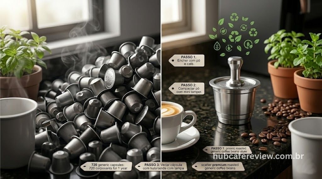 Comparativo de impacto ambiental entre pilha de 720 
cápsulas descartáveis representando o consumo anual 
(esquerda) e uma única cápsula reutilizável de aço 
com borra biodegradável ao lado (direita).