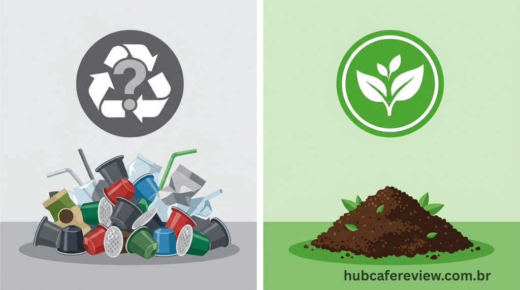 Ilustração comparativa do impacto ambiental entre cápsulas 
de café descartadas e borra de café biodegradável, com 
símbolos de reciclagem e natureza representando cada formato.
