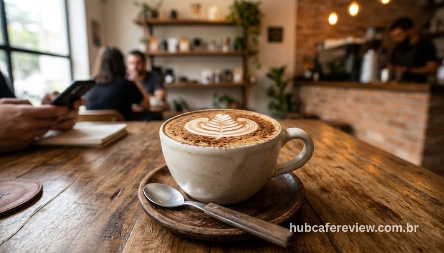 Xícara de cappuccino com espuma de leite 
cremosa e aveludada em estilo de cafeteria profissional