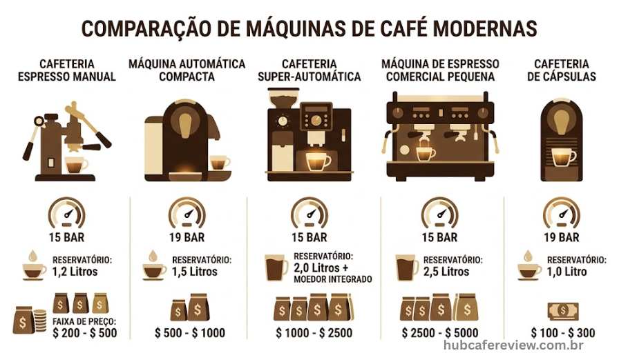 Infográfico comparativo das 5 melhores cafeteiras de 2026 com pressão em bar, capacidade do reservatório e faixa de preço de cada modelo