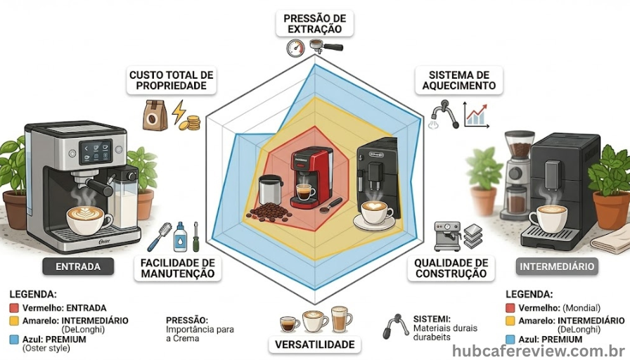 Infográfico de gráfico radar hexagonal comparando três 
cafeteiras espresso em seis critérios: pressão, 
aquecimento, construção, versatilidade, manutenção 
e custo total, com três polígonos coloridos sobrepostos.